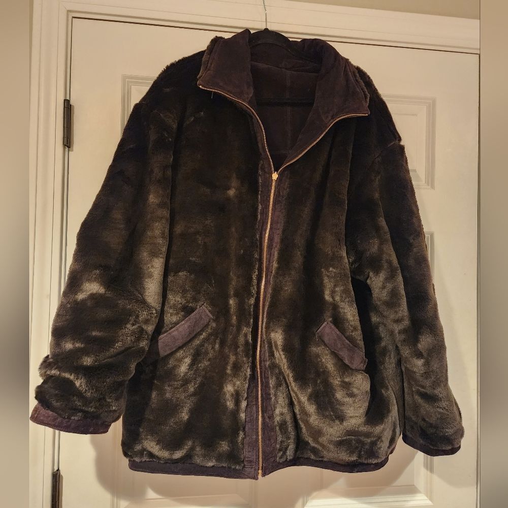 Winlit vintage brown 100% genuine leather shell faux fur reversible Coat